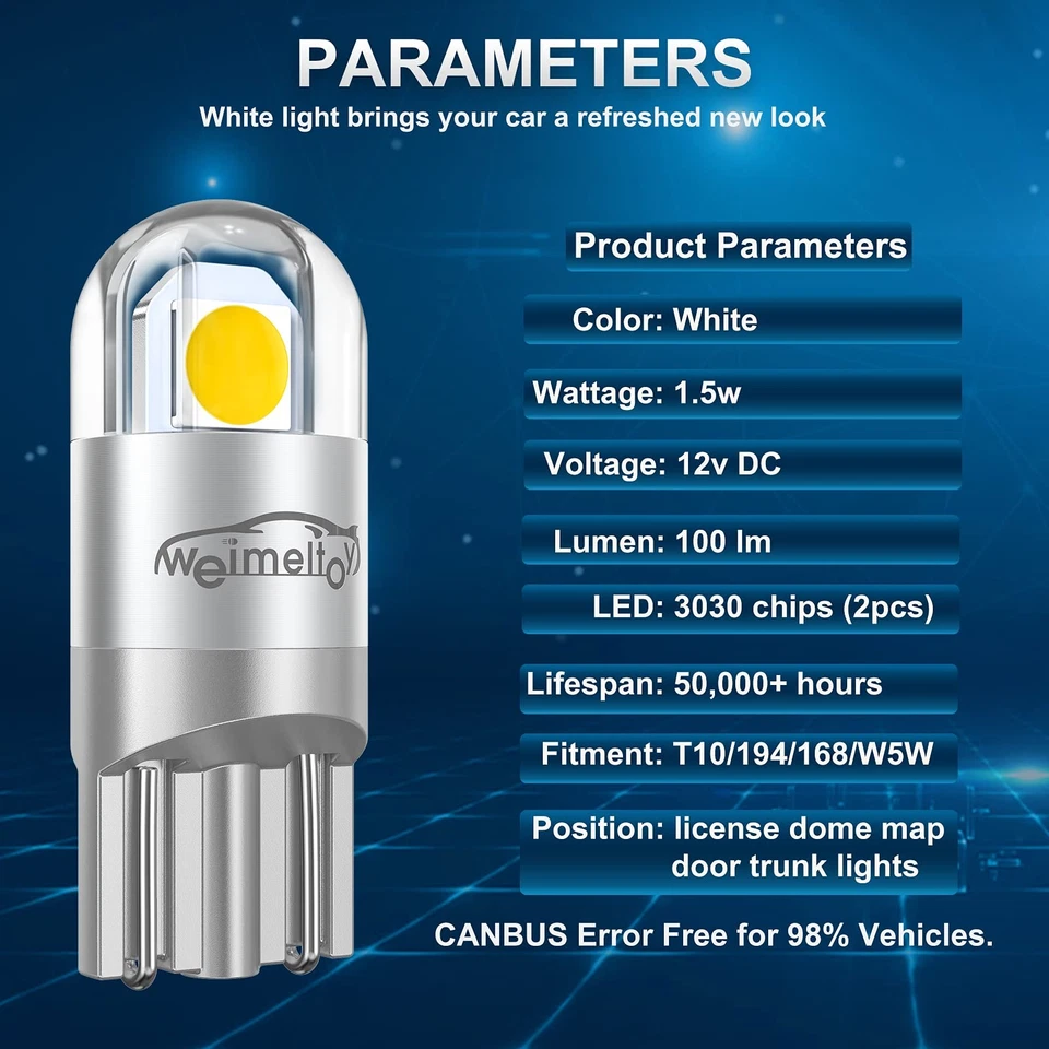 194 LED Car Bulb, 1.5W, 12V, White, 360 Degree Lighting, 20 Pack - Image 4 of 4