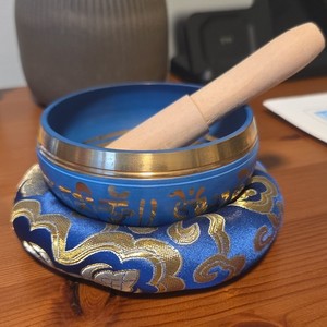 Blue & Gold Metal Decorative Singing Bowl Set w/ Wood Mallet and Cushion Ring