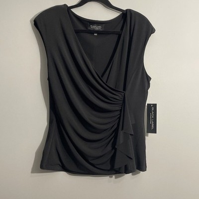 Black Label by Evan Black Faux Wrap Blouse Women s Size L Short Sleeve NWT Top