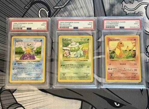 1999 Pokémon Shadowless Starter Set ALL PSA 9 – Bulbasaur, Squirtle, Charmander