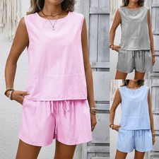 Women's Summer Stripes Vest Tops Pocket Shorts Casual Tracksuit Co Ords Set 6-18