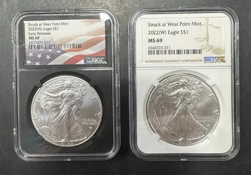 Lot of (2) 1 Oz. 2022 (W) $1 U.S. Silver Eagle Dollar Coins Graded NGC MS69 #J54