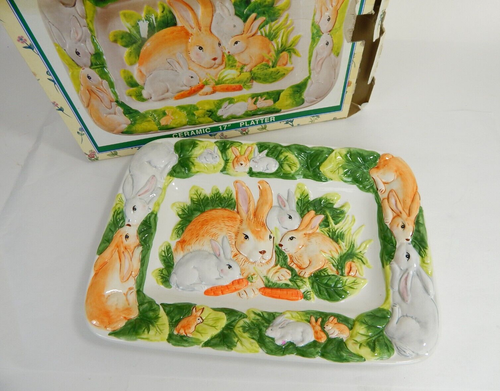Easter Serving Platter Bunnies 17x12" Ariela Collection Ceramic Platter - Picture 1 of 6