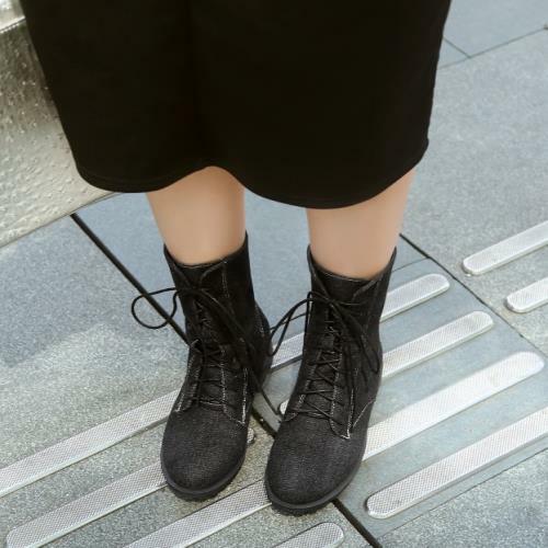 Women Mid Calf Combat Bootie Punk Denim Lace Up Low Heel Fashion Shoes Casual - Picture 2 of 51
