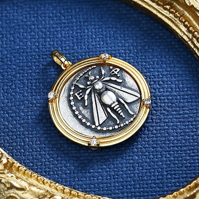 Ancient Greek Bee Coin Vintage Pendant Necklace Antique 925 Silver Coin Necklace