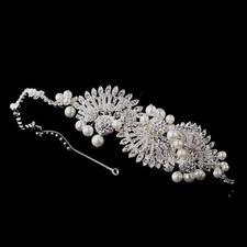 Vintage Inspired Silver Crystal Ivory Pearl Side Fan Accent Bridal Headband