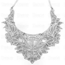 LARGE STATEMENT NECKLACE antique style VINTAGE METAL LACE silver tone COLLAR