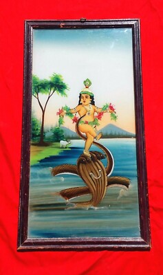 Vintage Original Lord Krishna Tanzt Auf Kaliya Schlange Rückseiten Glasmalerei