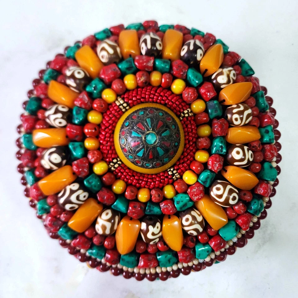 Hecho a mano Nepal Tibetano Lana Redonda Algodón Gorra Vaquera Caracola Conchas Cuentas Nepalí Foto 3 de 4