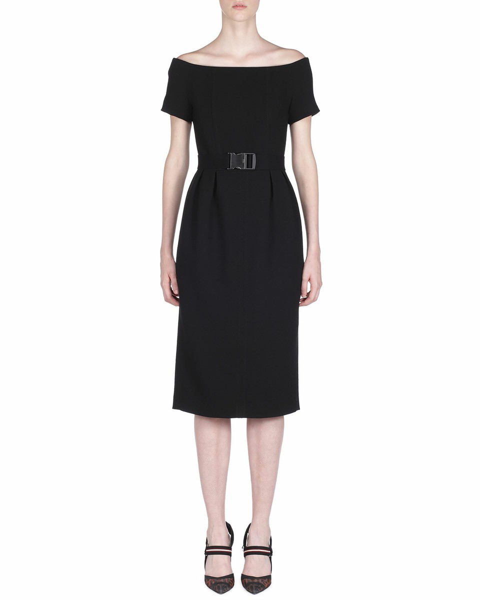 fendi off shoulder dress FENDI WOOL OFF THE SHOULDER BELTED MIDI BLACK PENCIL DRESS sz 46 IT/ 10 US