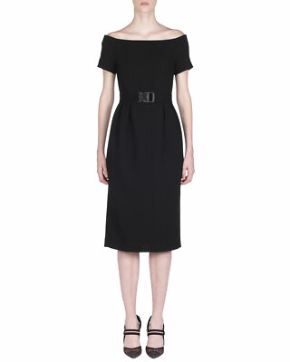 FENDI WOOL OFF THE SHOULDER BELTED MIDI BLACK PENCIL