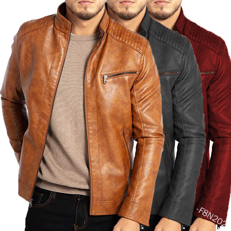 soerte カバーオール Stand collar leather Mens Leather Motorcycle Jacket Stand Collar Slim Fit Zip