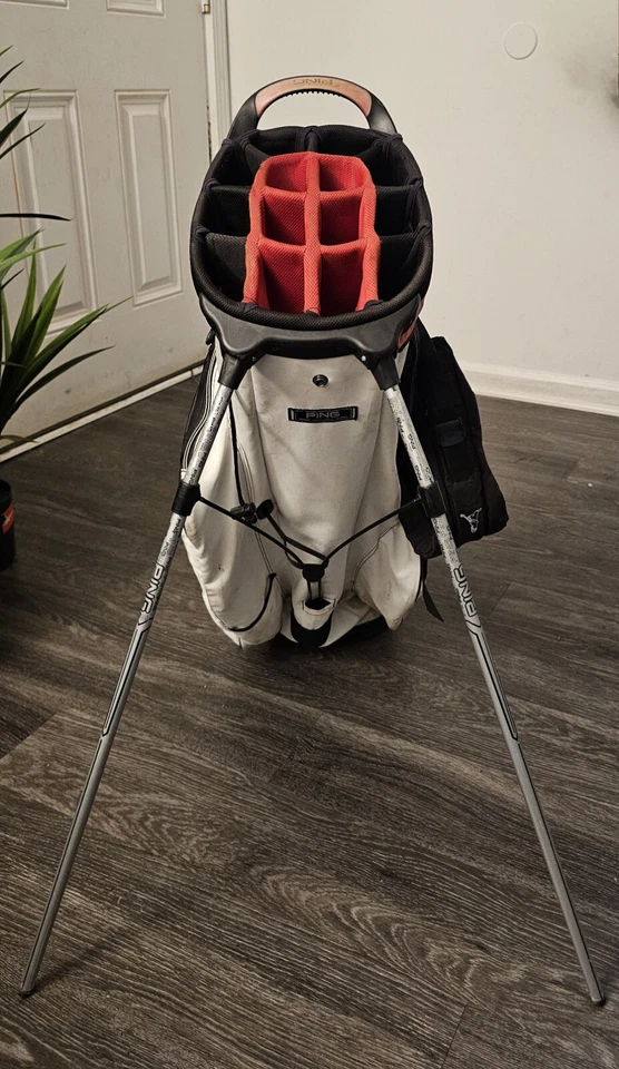 Ping E2 Red/Black/White Carry Stand Bag w/ Rain Cover & 14-Way Club Divider READ - Image 3 of 4