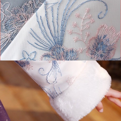 Girl Floral Embroidery Shiny Mesh Swing Dress Chinese Cute Suit Thick Retro - Picture 3 of 16