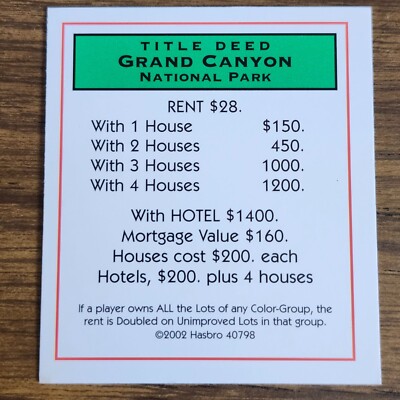 Grand Canyon Nat Park Title Deed Monopoly America Special Ed Replacement Card