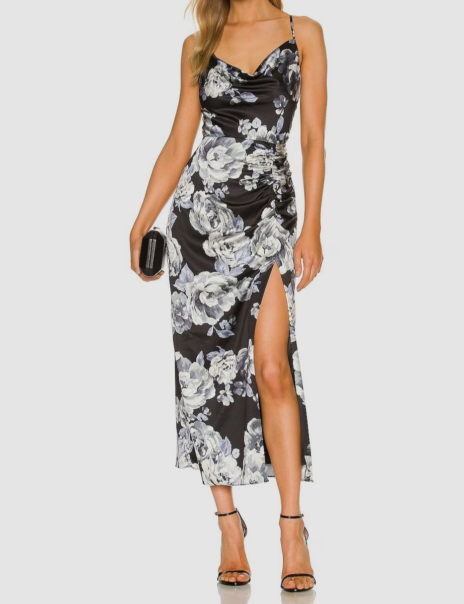 milly-3gorページ $395 Milly Women's Black Satin Floral Lillianna Midi A-Line Dress
