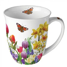 Tasse 10cm Porzellan mit Frühlingsblumen Motiv - 0,4L Keramiktasse Weiß Bunt