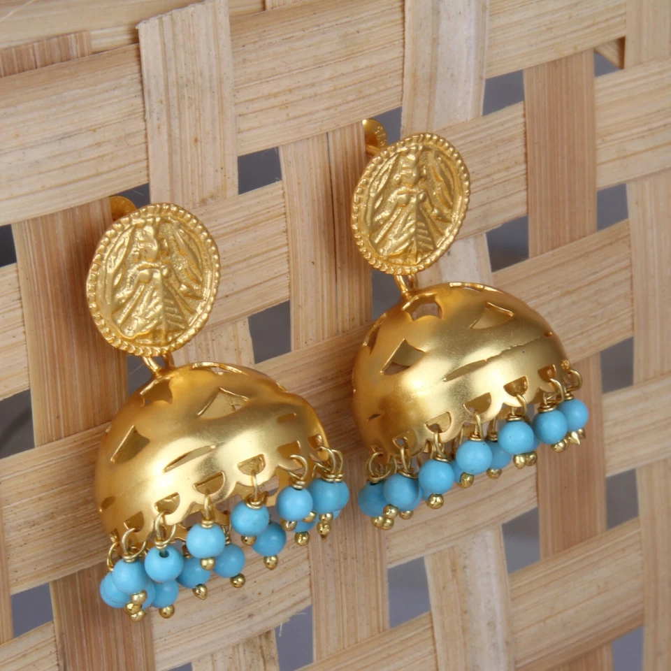 Turquoise Gemstone 925 Silver Gold Plated Wedding Designer Jhumka Earrings - Image 3 of 3