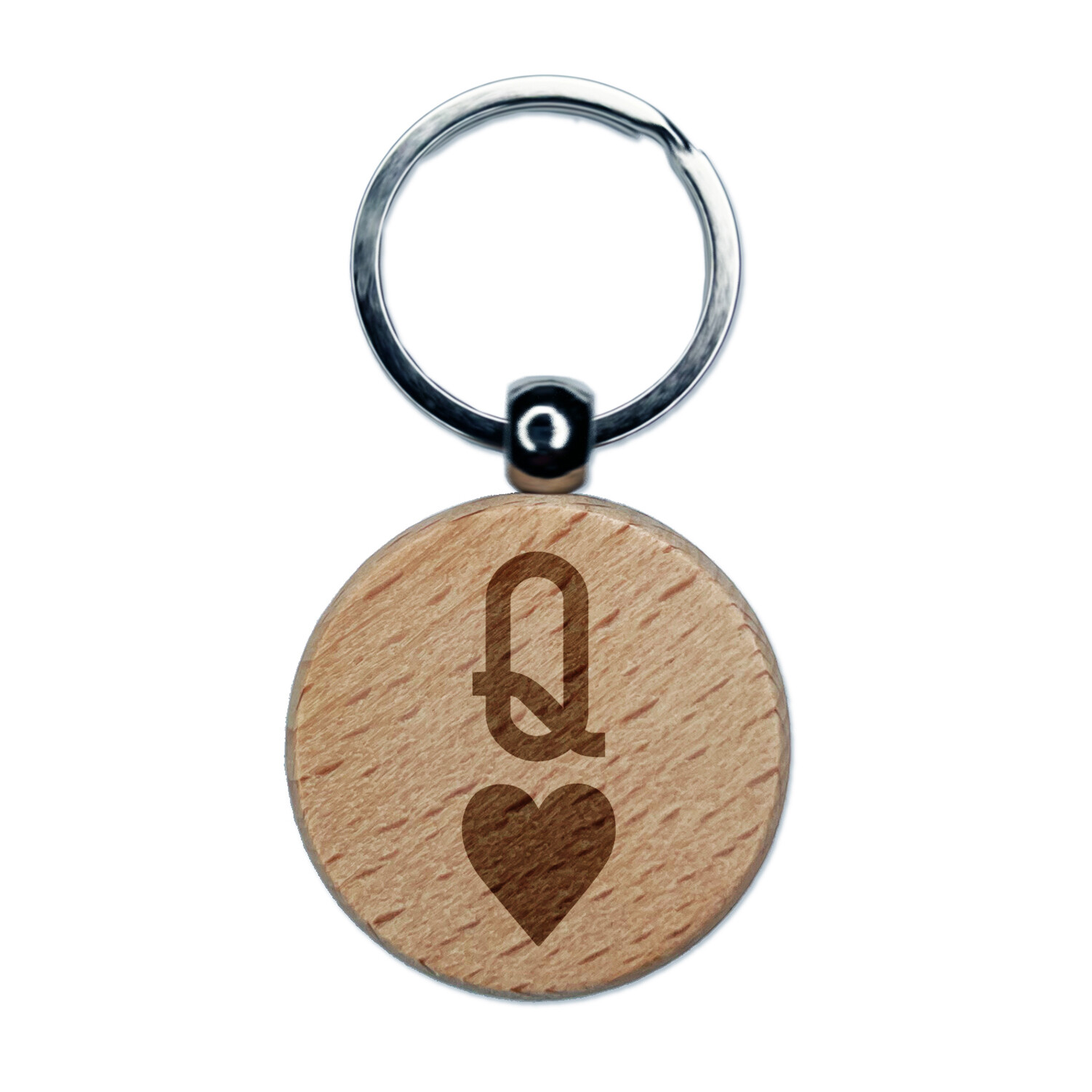 Queen of Hearts Card Suit Engraved Wood Round Keychain Tag Charm