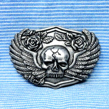 Skull Wings Roses Belt Buckle Rock Roll Music Biker Goth Cosplay Vtg 90s .TYC146