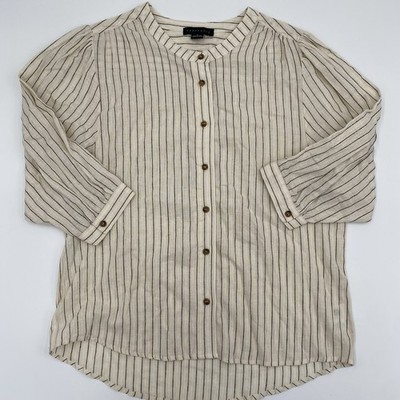 Sanctuary Womens M Linen Blend Stripe Shirt Mandarín Colar Preppy Femme Fit