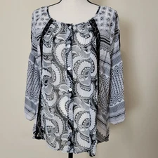 Valerie Stevens M Button Front 3/4 Raglan Sleeve Scoop Neck Lace Blouse Top