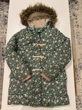 Mini Boden Girls Sz 9-10 Y Green & Pink Floral Sherpa-Lined Padded Longline Coat