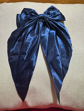 Women s Blue Satin Bow Barrette Hair Clip, Solid, Long Tails