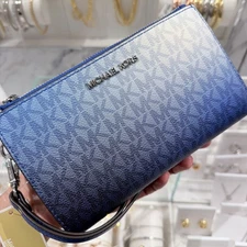 Michael Kors Jet Set Travel Double Zip Wristlet Wallet MK Logo Galaxy Blue