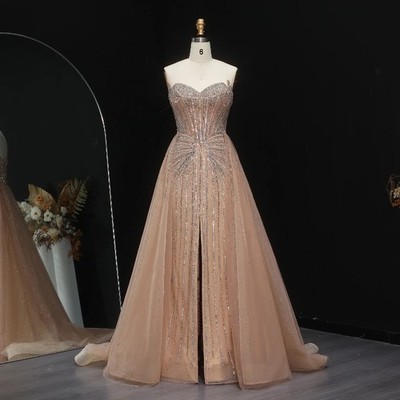 Sparkle Champagne Dubai Evening Dress with Train Sweetheart Arabic Party Dress