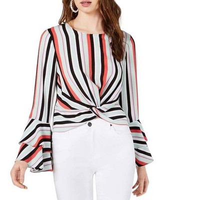 New Bar III Women's Stripe Pastel Femme Flare Sleeves Crew Neck Twist Blouse XXL