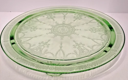Federal Glass Green Cameo Ballerina Cake Plate Depression Glass 1930s Uranium