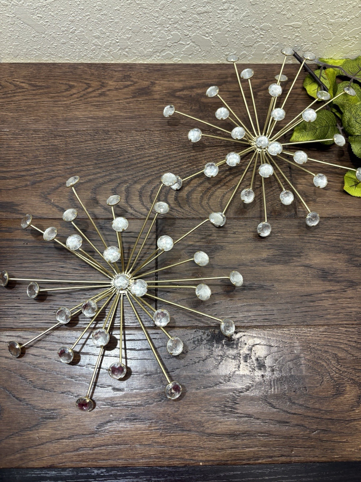 Mid Century Modern Atomic Starburst Wall Dec Pair Gold Metal Crystal Sputnik MCM