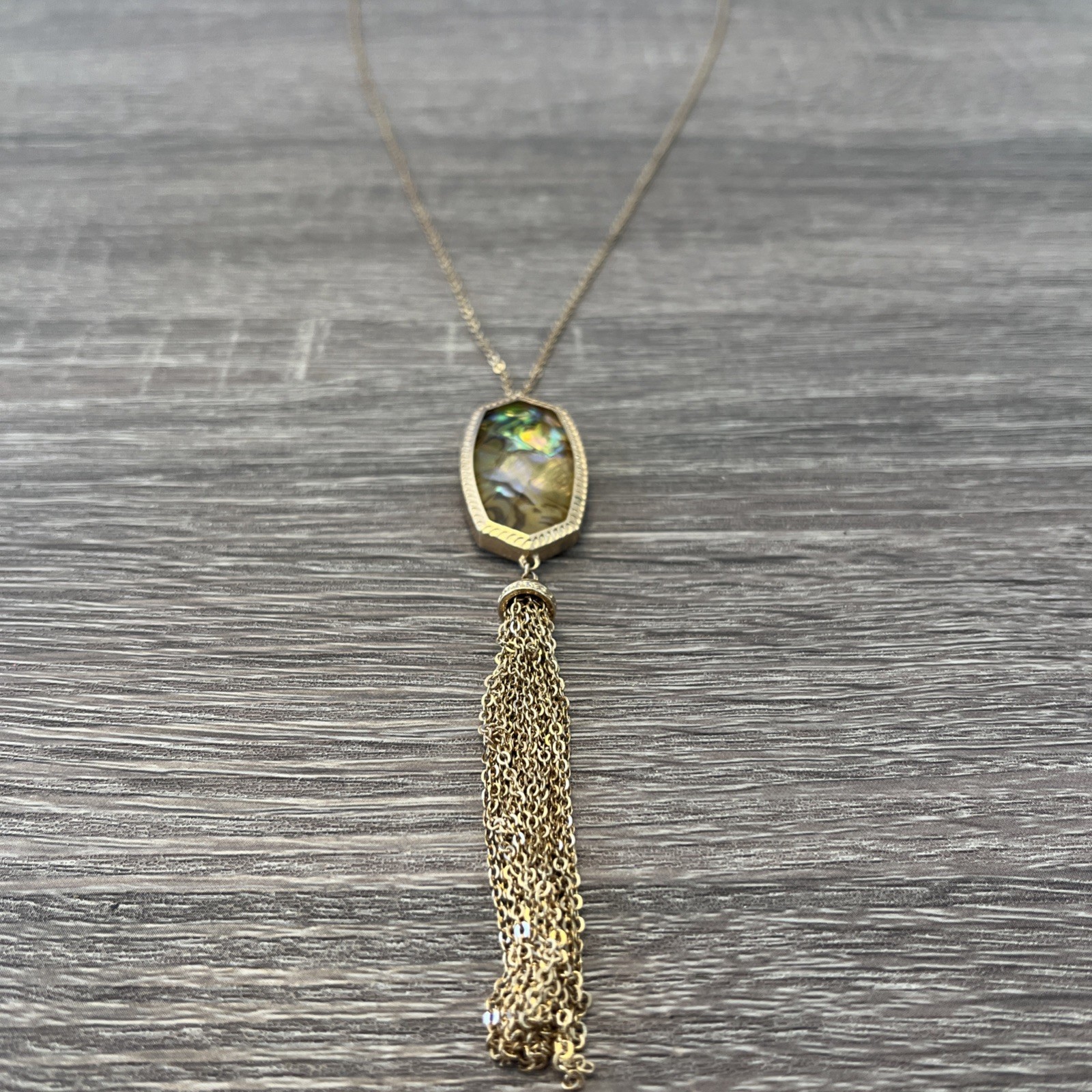 Abalone Shell Tassel Pendant Necklace Gold Tone Boho Glam