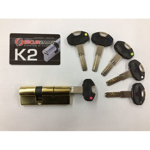 Cilindro Europeo K2 Securemme 30/40 Ottone Lucido | 10 Perni 6 Chiavi