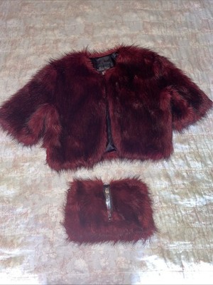 Donna Salyers Fabulous Furs Faux Fur Cropped Jacket Size L Red W Matching Purse