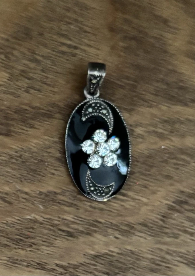 Colgante Vintage 925 Doble Marcasita Luna Esmalte Flor Plata de Ley Foto 4 de 4