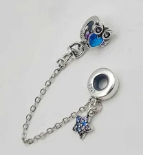 925 Sterling Silver Owl & Star Charm Bracelet Safety Chain Pendant