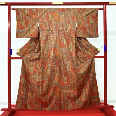 Japanese Kimono 'KOMON' Polyester/Orange/Flower/History/Length:160cm N960