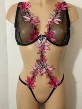 XL VICTORIAS SECRET Ziggy Glam bodysuit Teddy Mesh Black Pink Cutout Crotchless