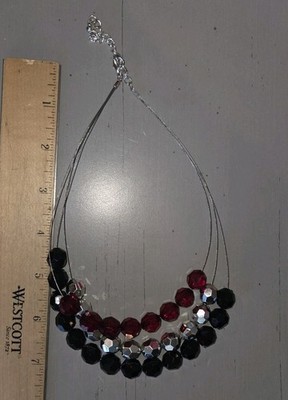 Triple Strand Red Silver Black Beaded Silvertone Wire Necklace 13 Inches