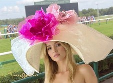 Kentucky Derby Hat White Cream Hot Pink Mauve Giant Roses Del Mar Royal Ascot