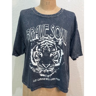 Rustee Brave Soul Tiger Graphic T-Shirt Crop Medium Acid Wash Gray Womens NWOT