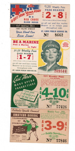 4 Bus TRANSIT TICKET Passes St. Louis Missouri August 1942 1943 1946 1947