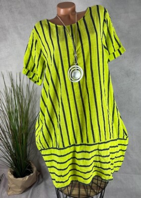 Luftiges sommer  KLEID Tunika LEINEN OPTIK Italy gestreift LIME GRÜN 40 42 44
