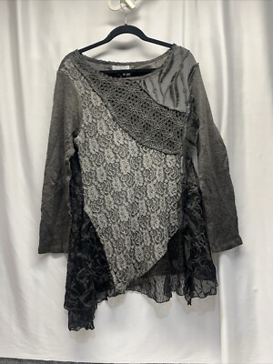 Keren Hart  Large BOHO Grey/black Top Multi Texture Long Sleeve. NWT