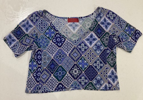 Tigerlily Cropped Blue Patterned Shirt Top Size 10 - Picture 7 of 7