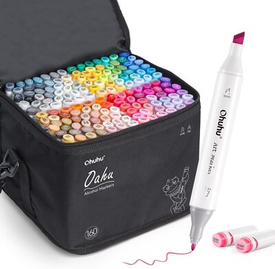 Ohuhu Alcohol Art Markers, Double Tipped Alcohol-Based Marker Set  160 Colors