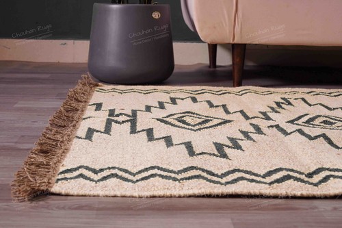 Handwoven Wool Jute Off White Kilim Rug With Black Design Rug For Living Room - Picture 4 of 8