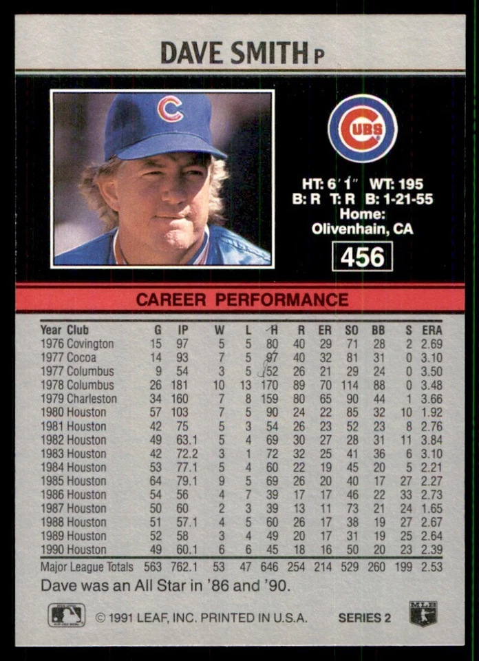 1991 Leaf Dave Smith Chicago Cubs #456 - Image 2 of 2
